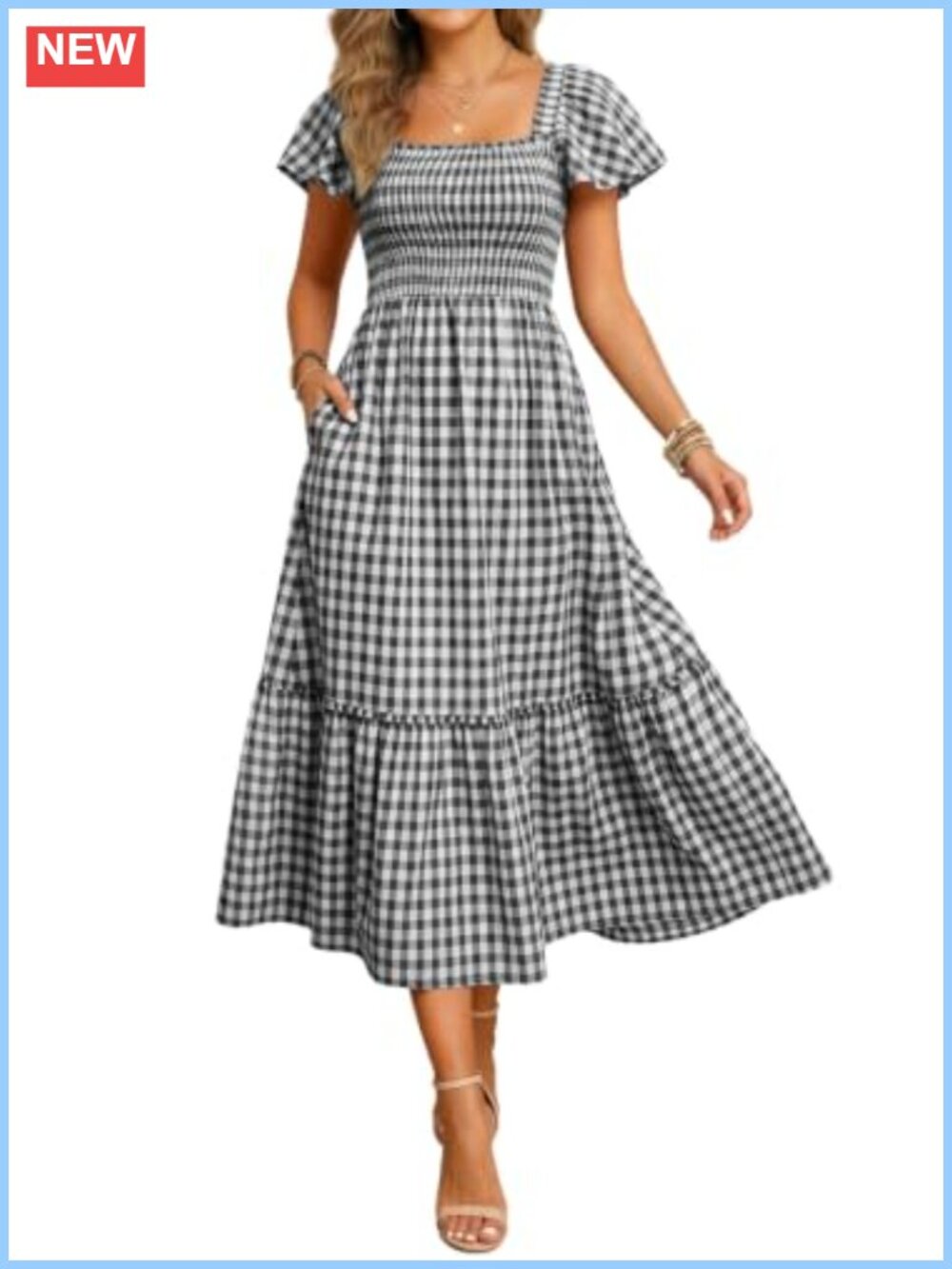 100% Cotton Gingham Smocked Flutter Sleeve Midi Dress